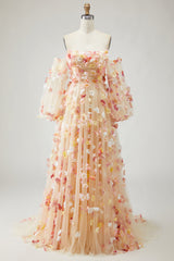 Floral Champagne A-Line Strapless Maxi Prom Dress With Removable Sleeves