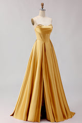Strapless Golden Satin A Line Corset Prom Dress