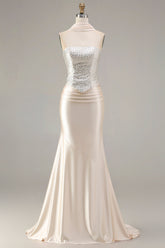 Champagne Satin Mermaid Beaded Strapless Prom Dress With Streamer