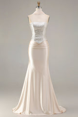 Champagne Satin Mermaid Beaded Strapless Prom Dress With Streamer