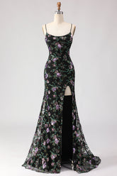 Black Purple Flower Mermaid Sequin Embroidered Prom Dress