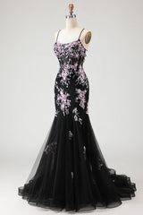 Black Pink Flower Mermaid Tulle Prom Dress with Appliques