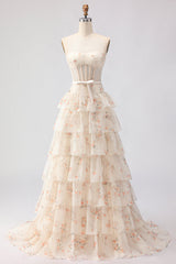 Champagne Orange Floral Corset A Line Strapless Prom Dress