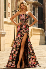 Strapless Corset Mermaid Black Red Floral Prom Dress