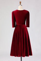 Burgundy A-Line V-Neck Midi Velvet Dress with Half Sleeves