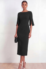 Black Bateau Neck Sheath Midi Formal Dress with Slit