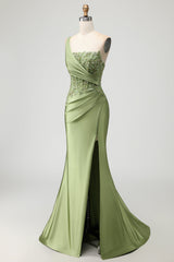 Green One Shoulder Corset Mermaid Appliqued Prom Dress With Slit