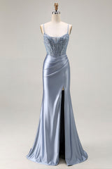 Grey Blue Mermaid Satin Beaded Corset Prom Dress With Slit