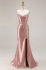 Dusty Rose Corset Satin Beaded Strapless Prom Dress With Slit