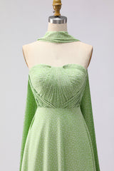 Strapless A Line Green White Polka Dot Bridesmaid Dress