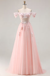Off The Shoulder Corset A-Line Pink Prom Dress With Sequins