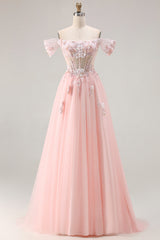 Off The Shoulder Corset A-Line Pink Prom Dress With Sequins