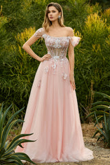 Off The Shoulder Corset A-Line Pink Prom Dress With Sequins