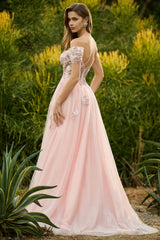 Off The Shoulder Corset A-Line Pink Prom Dress With Sequins