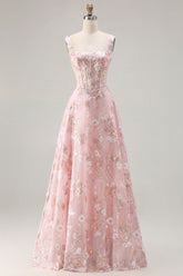 Pink Floral A-Line Corset Maxi Prom Dress With Sequins