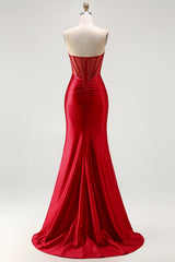Red Strapless Mermaid Beaded Corset Prom Dress With Slit