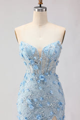 Sparkly Blue Sweetheart Mermaid Appliqued Prom Dress