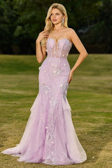 Purple Strapless Lace Mermaid Prom Dress With 3D Flowers