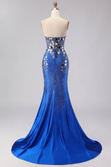 Sparkly Mermaid Royal Blue Strapless Beaded Prom Dress