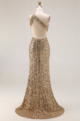 Sparkly Golden Mermaid Cut Out One Shoulder Prom Dress