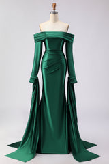 Dark Green Mermaid Off the Shoulder Satin Prom Dress