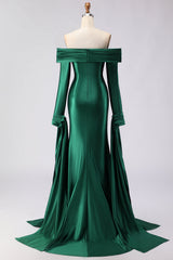 Dark Green Mermaid Off the Shoulder Satin Prom Dress