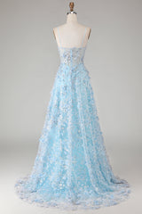 Blue A-Line Appliqued Spaghetti Straps Prom Dress With Slit
