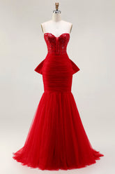 Glitter Red Mermaid Sweetheart Corset Prom Dress With Bow
