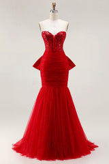 Glitter Red Mermaid Sweetheart Corset Prom Dress With Bow
