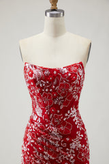 Red Strapless Mermaid Beaded Prom Dress With Slit