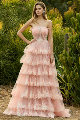 Strapless Tiered A-Line Tulle Corset Blush Prom Dress With Slit