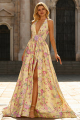 Yellow Pink Floral Halter A Line Maxi Prom Dress