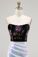 Sparkly Black Lilac Strapless Mermaid Prom Dress With Lace Up Back