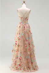 Champagne Floral Embroidered Corset A-Line Prom Dress With Slit