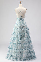 Blue A-Line Tiered Floral Prom Dress With Slit