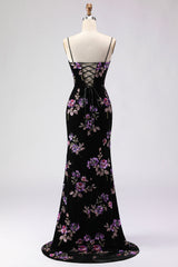 Black Mermaid Lace Up Back Sequin Prom Dress With Slit