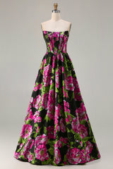 Black Strapless A-Line Corset Print Floral Maxi Prom Dress
