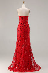 Sparkly Red Mermaid Strapless Maxi Prom Dress With Slit