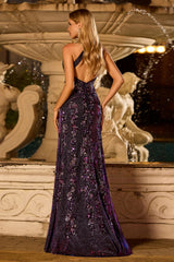 Glitter Grape Halter Beaded Mermaid Appliqued Prom Dress