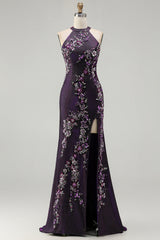 Glitter Grape Halter Beaded Mermaid Prom Dress With Slit
