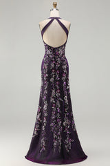 Glitter Grape Halter Beaded Mermaid Prom Dress With Slit