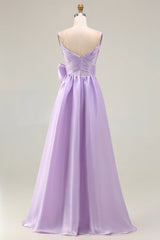 Lilac A-Line Spaghetti Straps Maxi Prom Dress With Bow