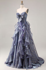 Sparkly Strapless A Line Ruffled Dusty Blue Prom Dress