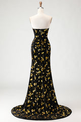 Black Golden Sequin Mermaid Strapless Prom Dress With Slit