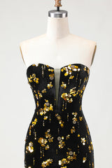 Black Golden Sequin Mermaid Strapless Prom Dress With Slit
