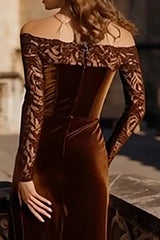 Brown Velvet Off The Shoulder Mermaid Holiday Dress With Lace Long Sleeves