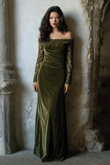 Off The Shoulder Olive Velvet Sheath Holiday Dress With Lace Appliques