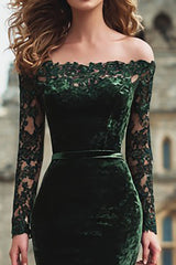 Dark Green Off The Shoulder Velvet Lace Mermaid Holiday Dress With Long Sleeves