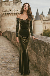 Olive Off The Shoulder Velvet Mermaid Long Sleeve Holiday Dress
