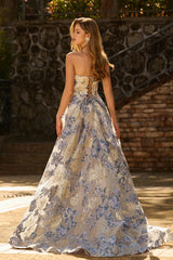 Strapless Corset A Line Dusty Blue Floral Prom Dress